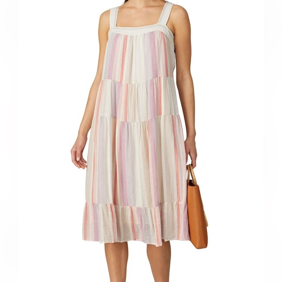 Rails Pink Scoop Neck Striped Linen Blend Midi Dress - Picture 2 of 6